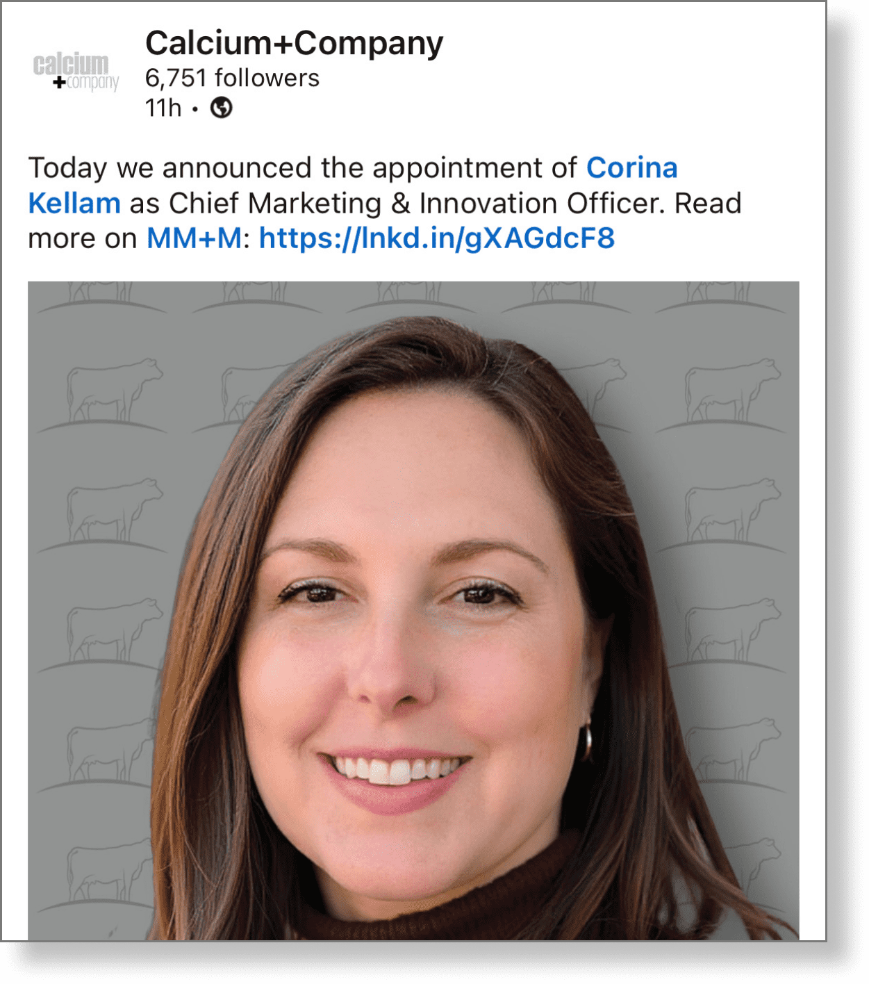 Corina Kellam has been appointed to Chief Marketing & Innovation Officer at Calcium+Company LinkedIn post