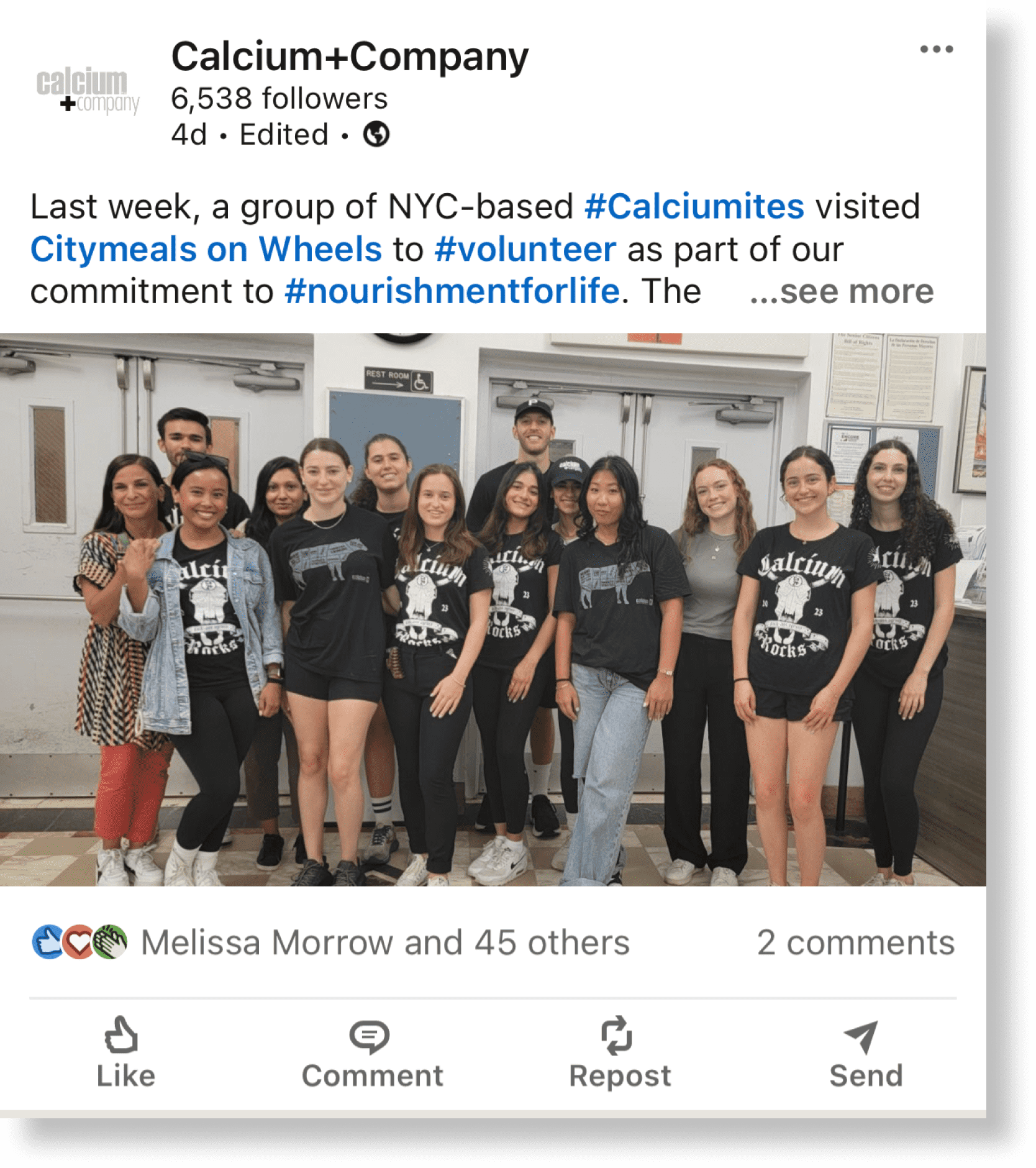 NYC office volunteers at Citymeals on Wheels LinkedIn post