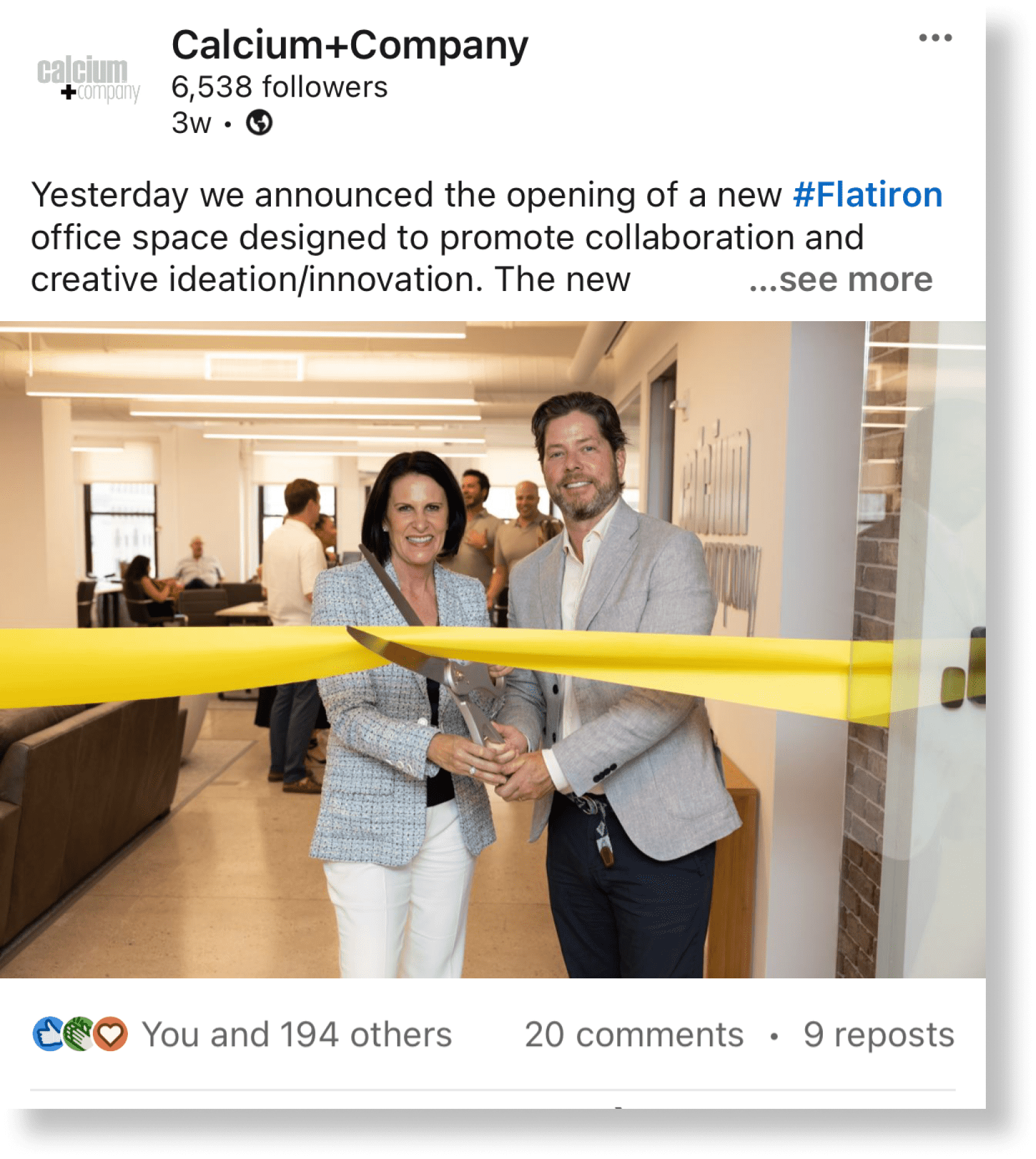 Judy Capano and Greg Lewis cut the ribbon to the new Flatiron office LinkedIn post